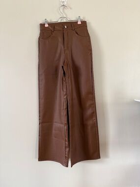 Women's High Waist PU Leather Wide Leg Pants Size M